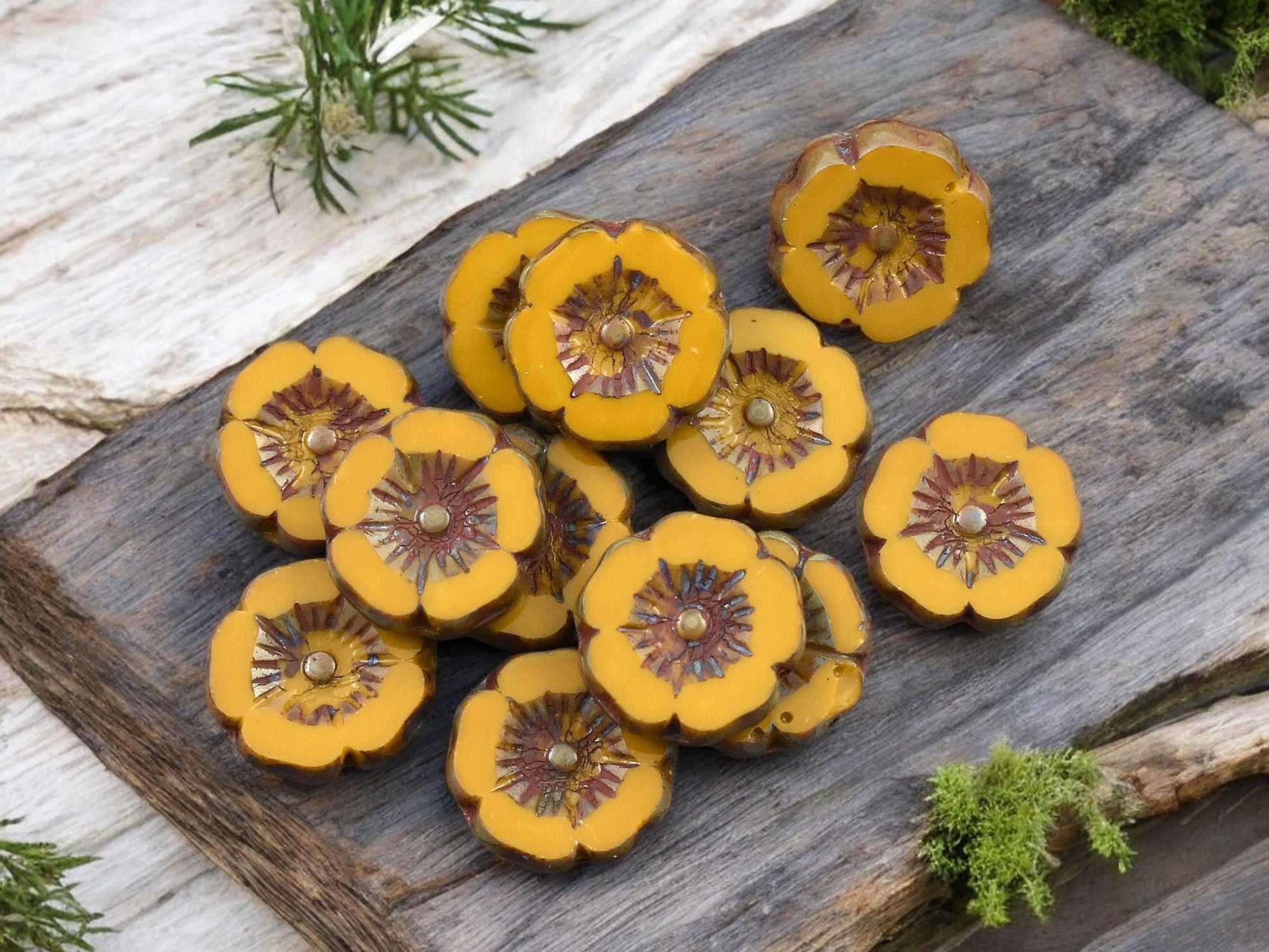 *12* 12mm Opaque Mustard Yellow Picasso Hawaiian Flower Beads