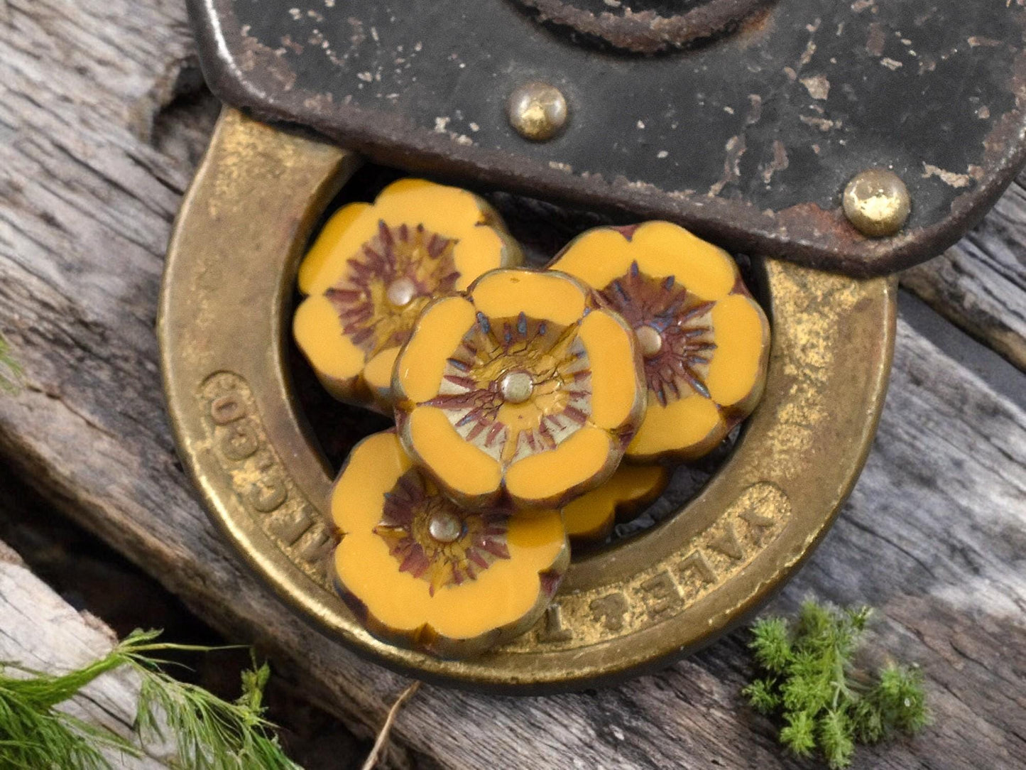 *12* 12mm Opaque Mustard Yellow Picasso Hawaiian Flower Beads