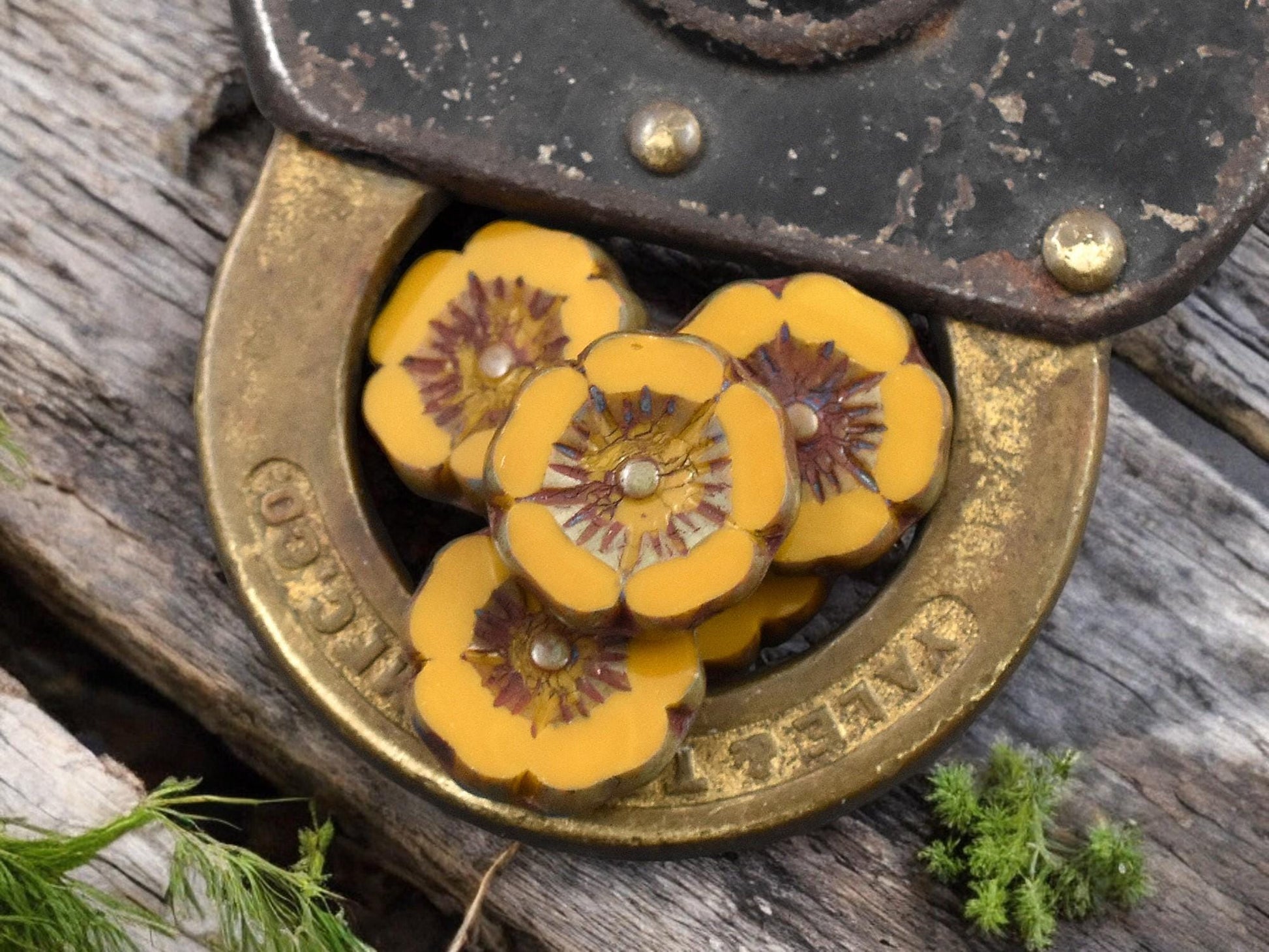 *12* 12mm Opaque Mustard Yellow Picasso Hawaiian Flower Beads