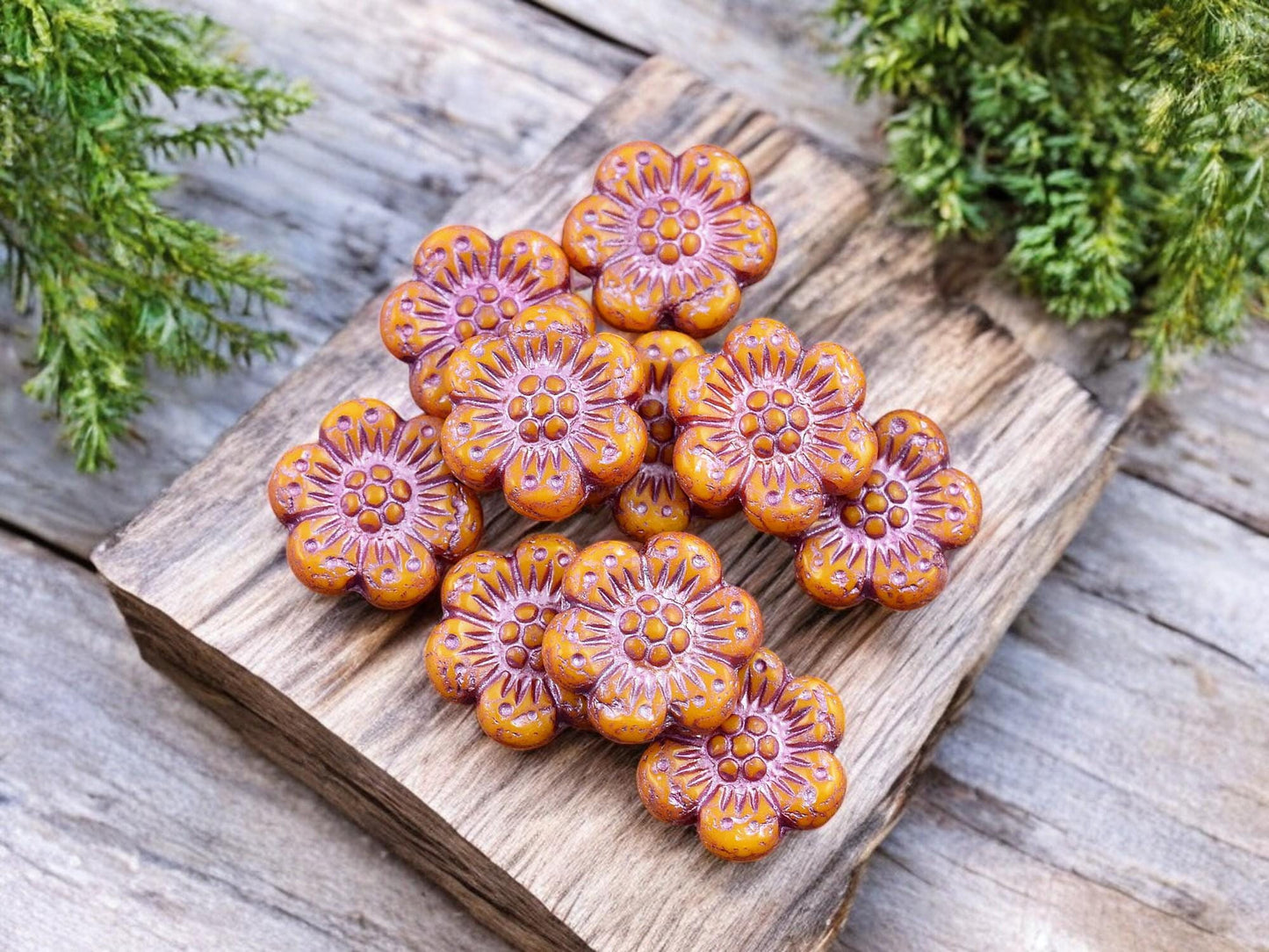 *12* 14mm Metallic Pink Washed Opaque Orange Wildflower Beads