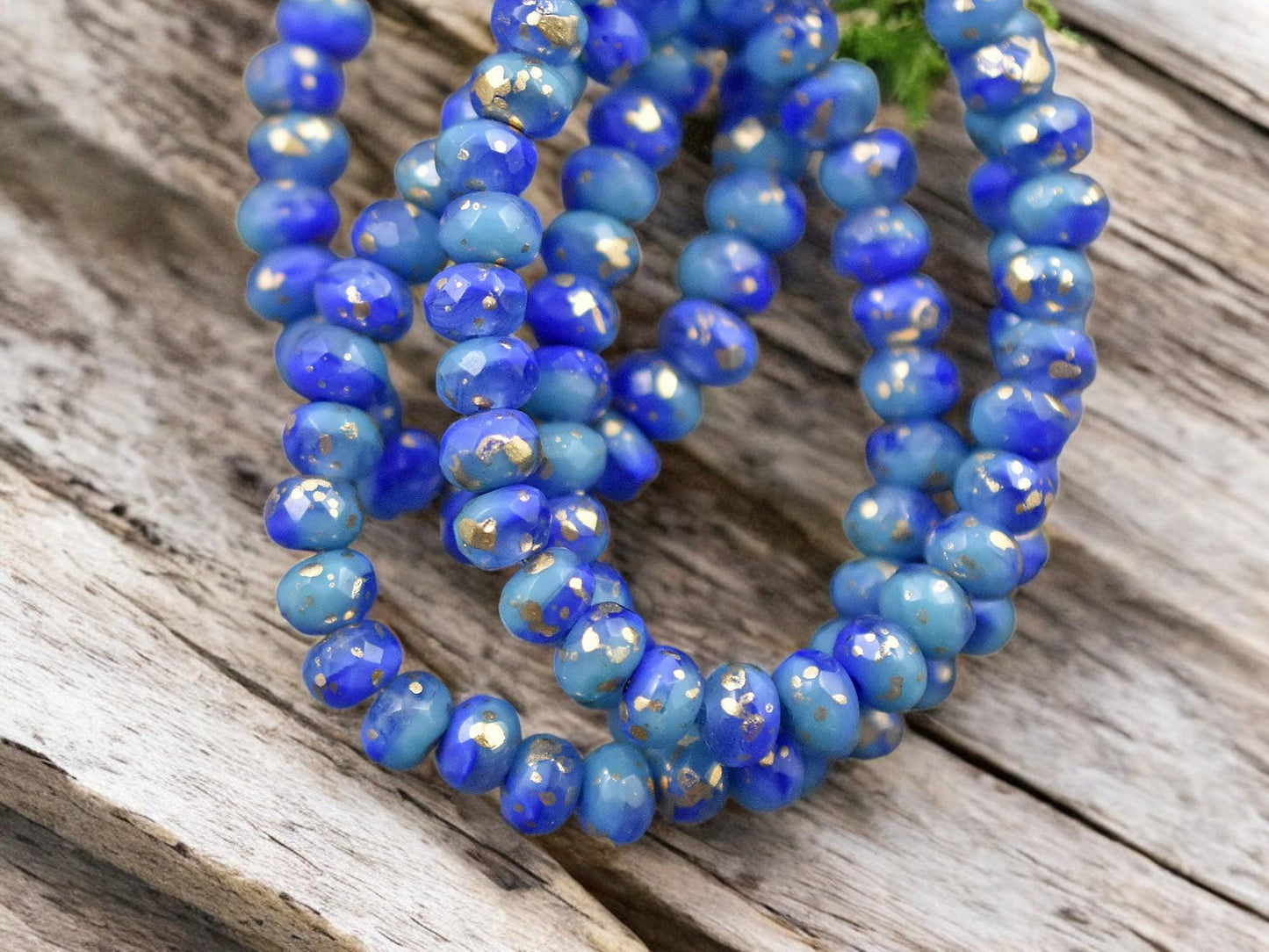 *30* 3x5mm Antique Gold Washed Blended Turquoise & Royal Blue Silk Fire Polished Rondelle Beads