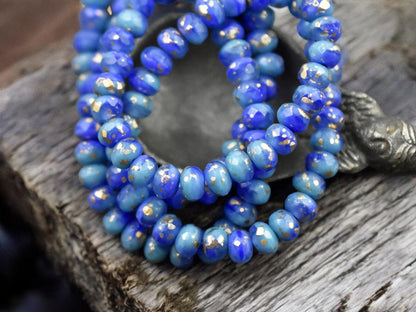 *30* 3x5mm Antique Gold Washed Blended Turquoise & Royal Blue Silk Fire Polished Rondelle Beads