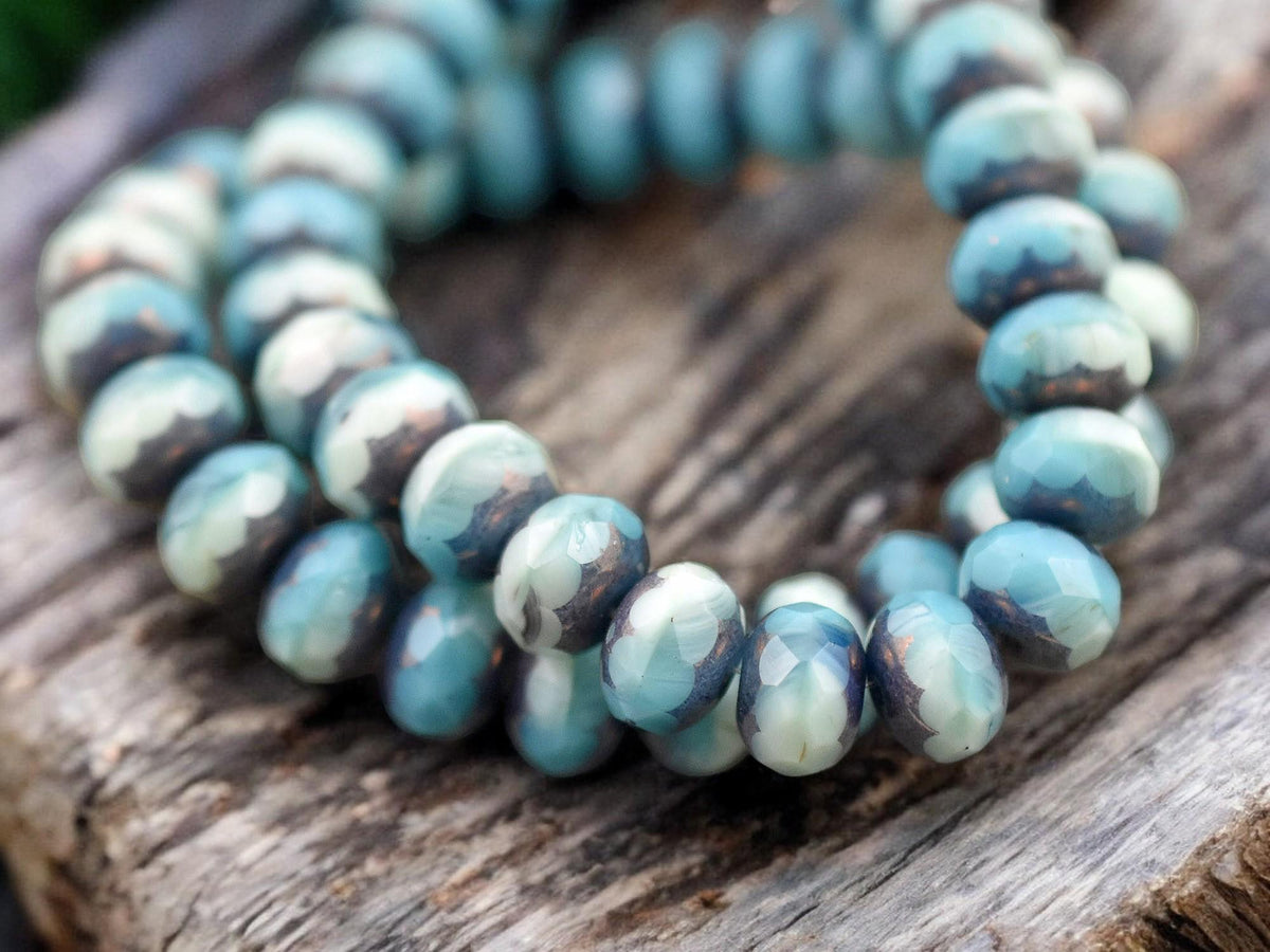 Washed Out Turquoise *25* 6x8mm Bronze Washed Blended Turquoise & Sea Green Fire Polished R ...