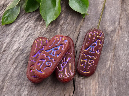 *6* 25x10mm Matte Red Opaline Rainbow Metallic Egyptian Cartouche Oval Beads