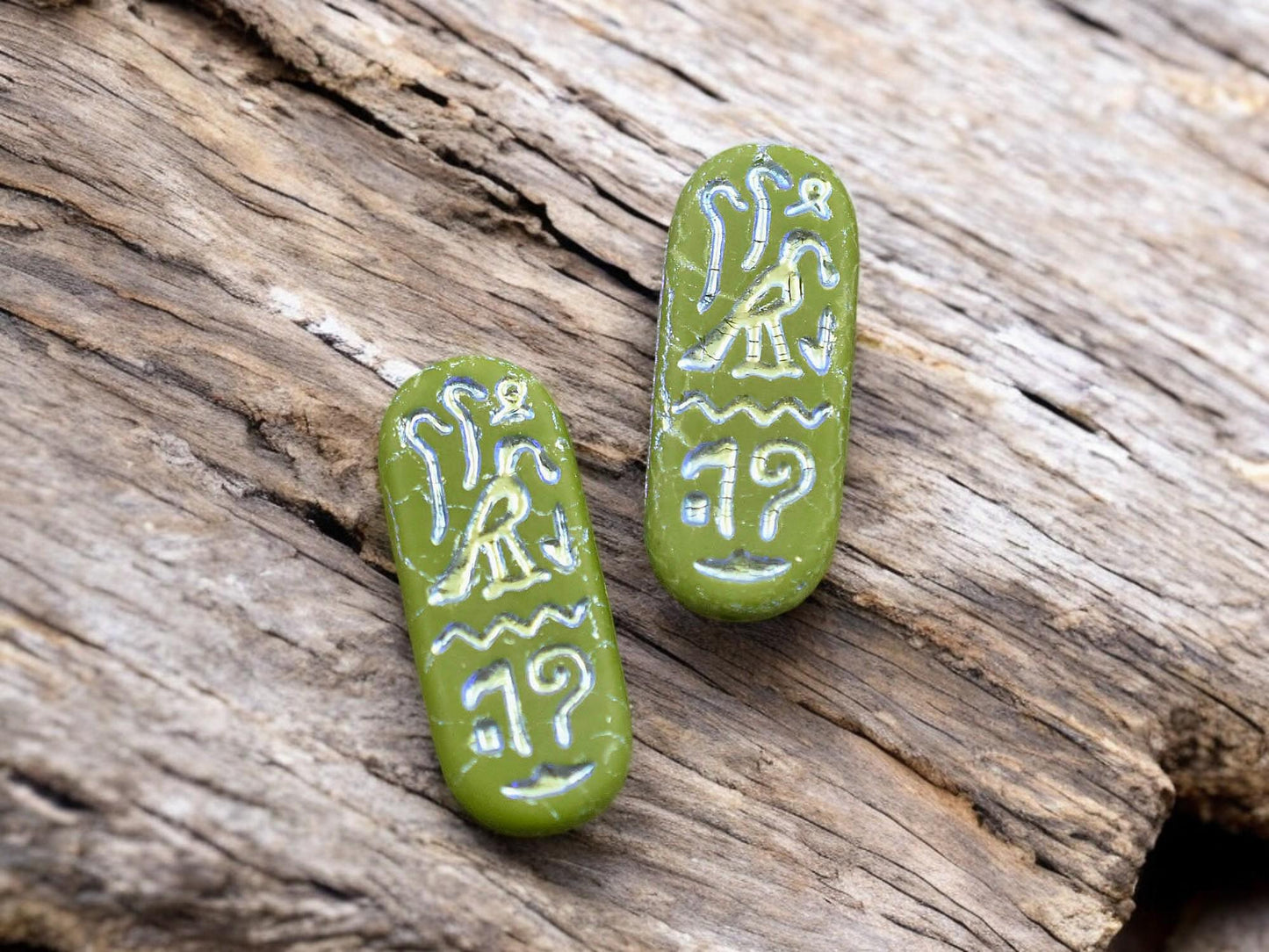 *6* 25x10mm Matte Opaque Olive Green Rainbow Metallic Egyptian Cartouche Oval Beads