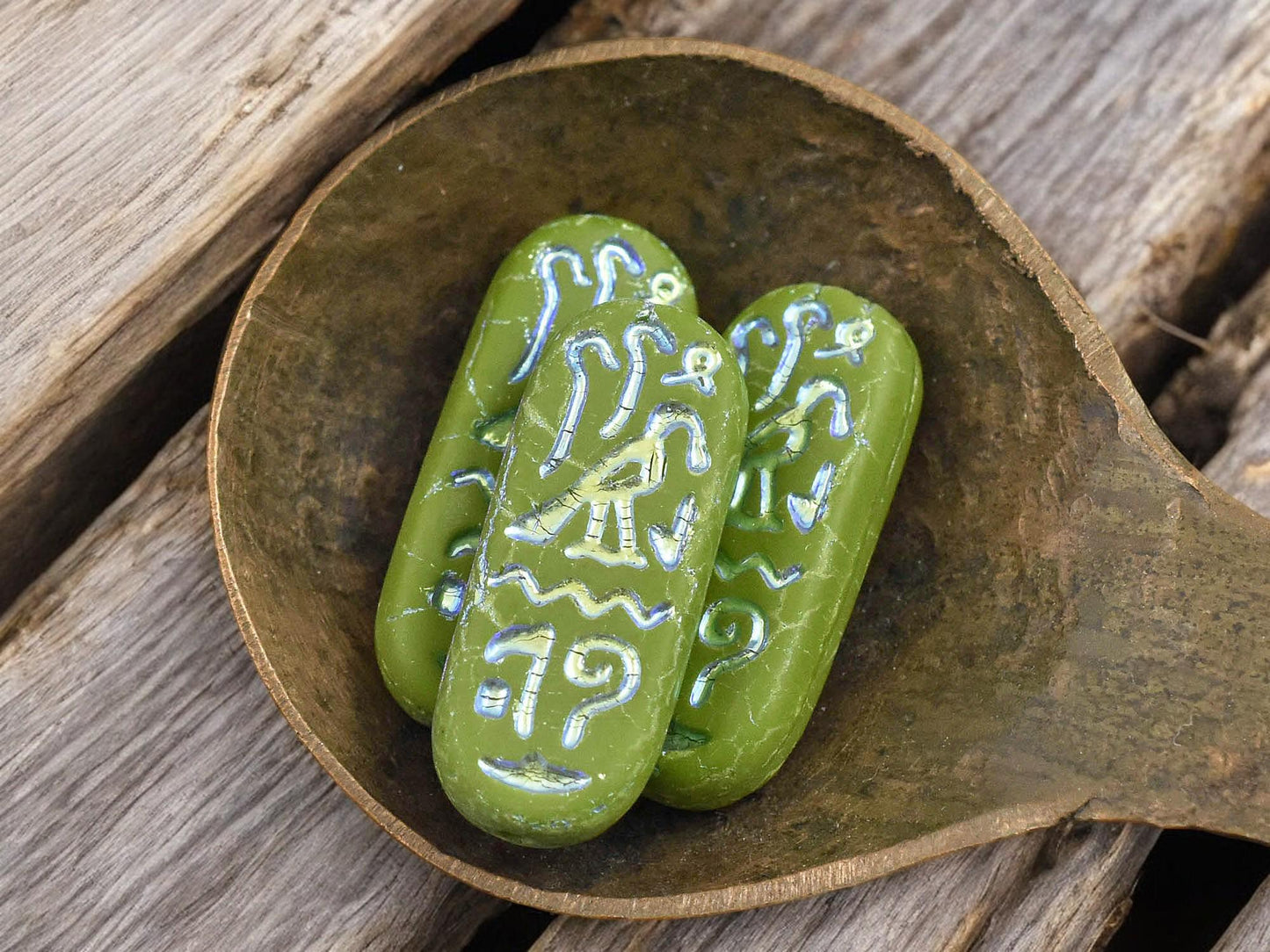 *6* 25x10mm Matte Opaque Olive Green Rainbow Metallic Egyptian Cartouche Oval Beads