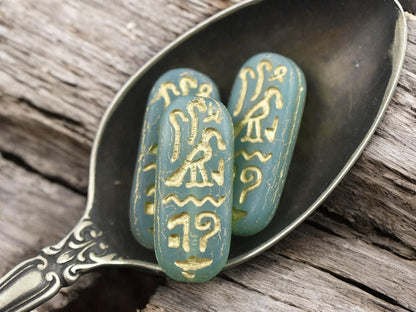 *6* 25x10mm Gold Washed Matte Aqua Opaline Egyptian Cartouche Oval Beads