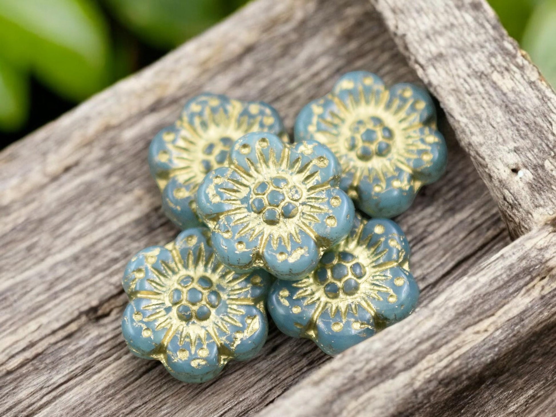 *6* 14mm Gold Washed Aqua Opaline Wildflower Beads
