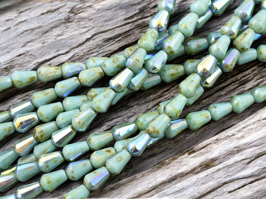 *19* 6x8mm Opaque Turquoise Picasso AB Vertical Teardrop Beads