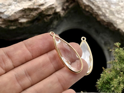 Gold Pendants - Glass Pendants - Bezel Pendant - Teardrop Pendant - Long Lasting Plating - 36x14mm - 2pcs - (2473)