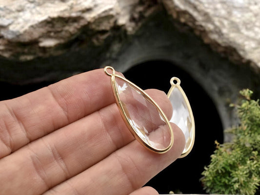 Gold Pendants - Glass Pendants - Bezel Pendant - Teardrop Pendant - Long Lasting Plating - 36x14mm - 2pcs - (2473)