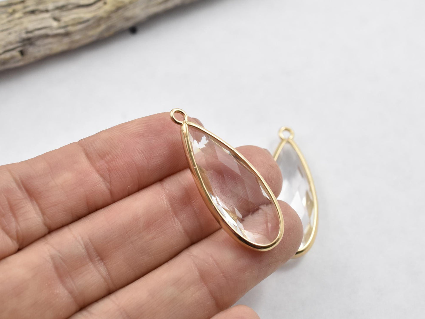 Gold Pendants - Glass Pendants - Bezel Pendant - Teardrop Pendant - Long Lasting Plating - 36x14mm - 2pcs - (2473)