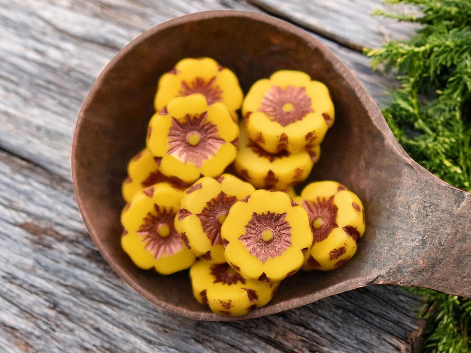 *12* 12mm Copper Washed Opaque Marigold Hawaiian Flower Beads