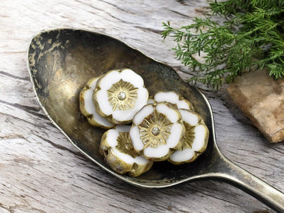 *12* 12mm Gold Washed Ivory Mercury Hawaiian Flower Beads