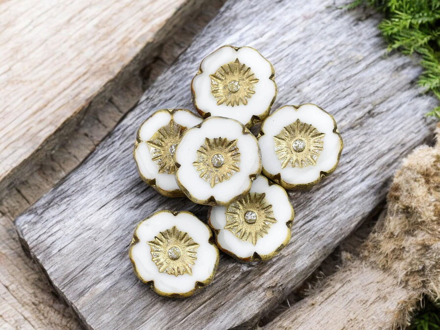 *12* 12mm Gold Washed Ivory Mercury Hawaiian Flower Beads