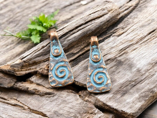 *10* 20x8mm Copper Patina Mayan Spiral Drop Charms
