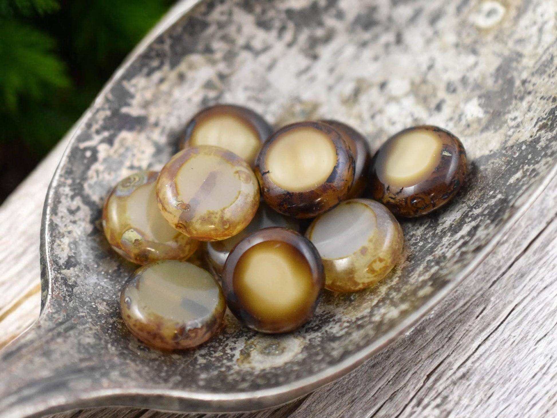 *15* 11mm Mixed Ivory Beige Opal Picasso Lentil Beads