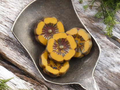 *12* 12mm Opaque Mustard Yellow Picasso Hawaiian Flower Beads