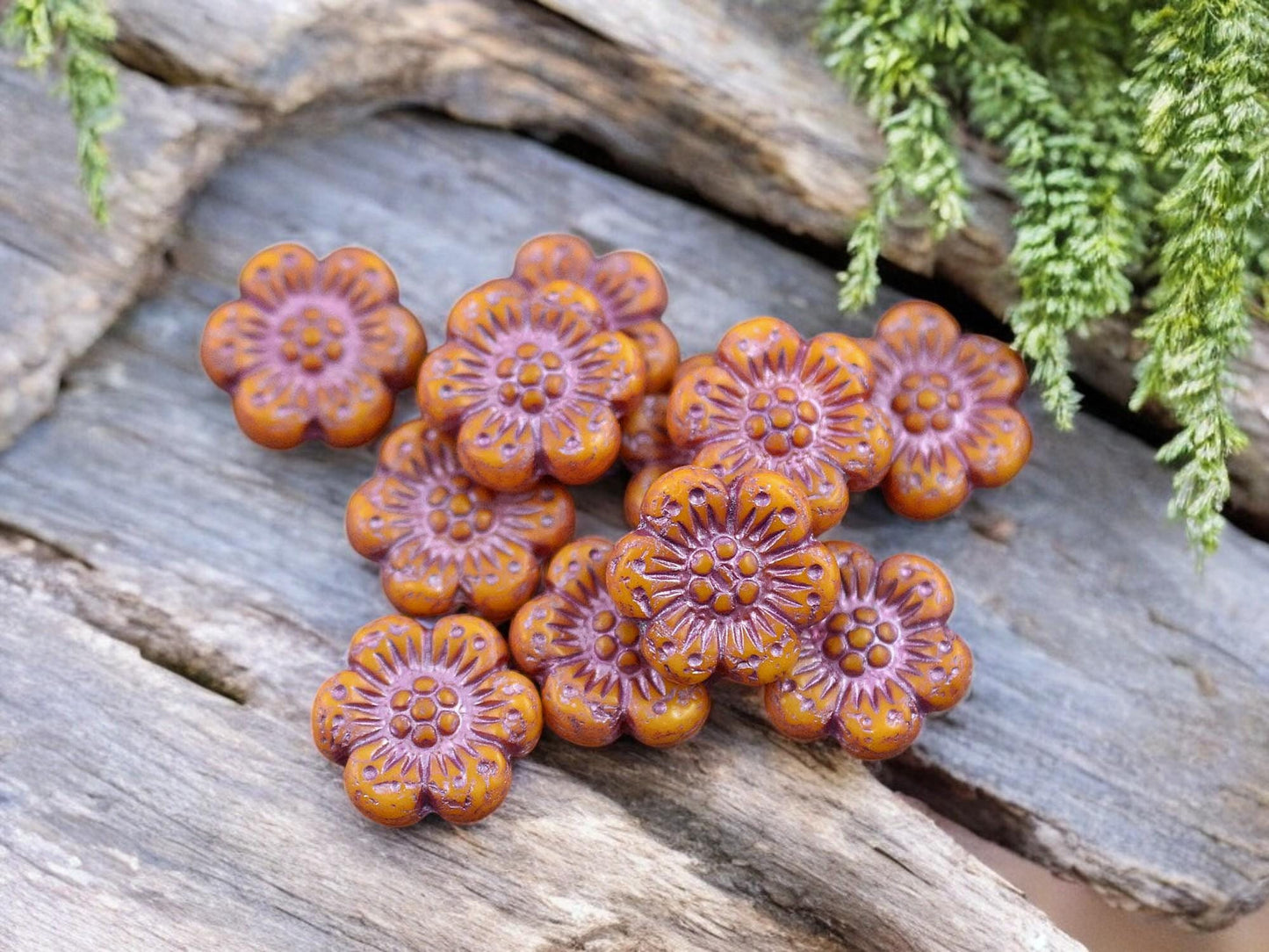 *12* 14mm Metallic Pink Washed Opaque Orange Wildflower Beads