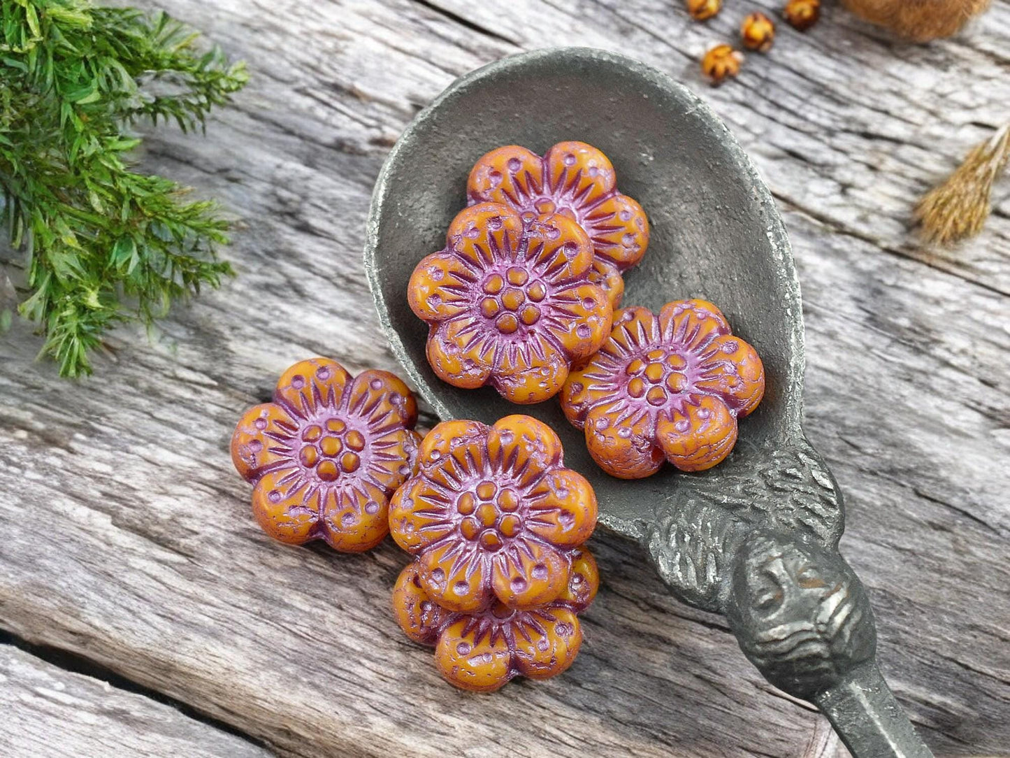 *12* 14mm Metallic Pink Washed Opaque Orange Wildflower Beads