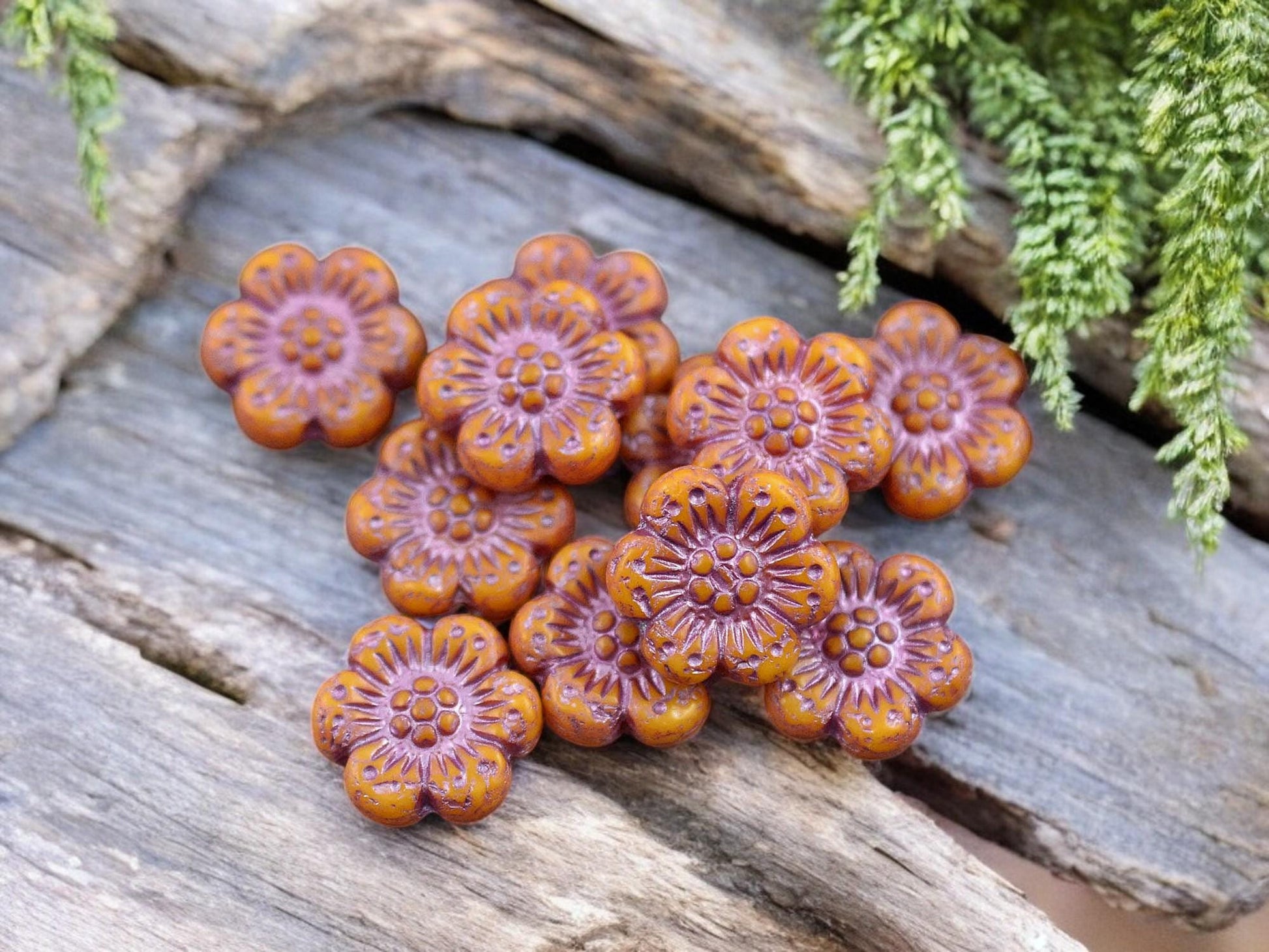 *12* 14mm Metallic Pink Washed Opaque Orange Wildflower Beads