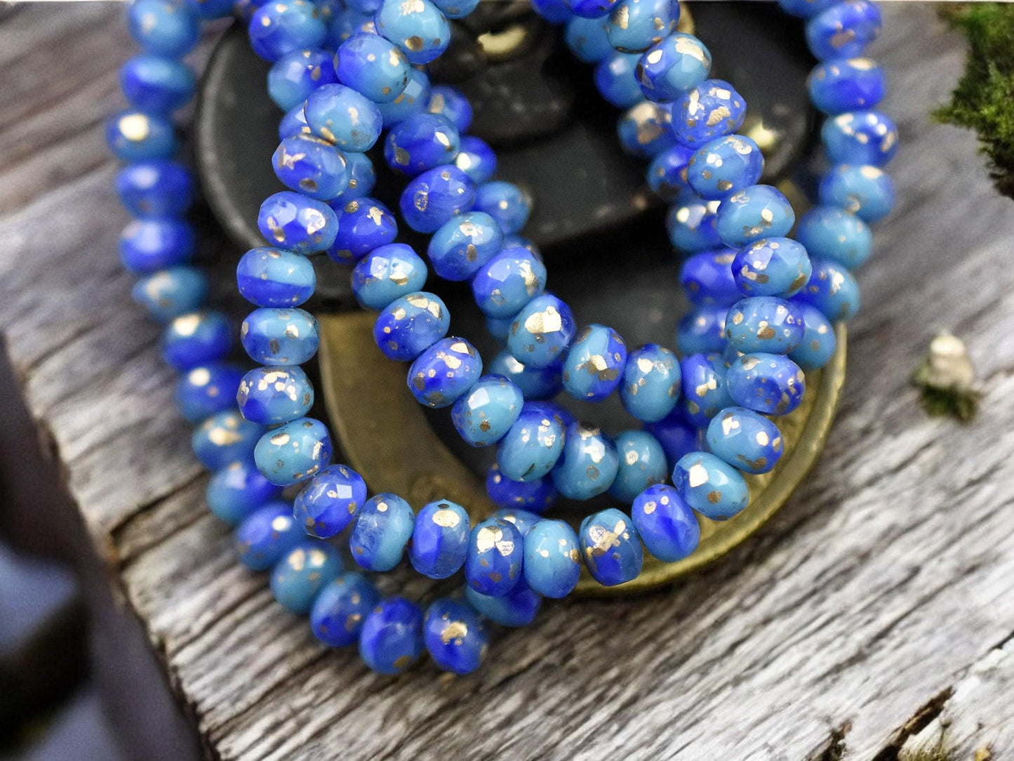*30* 3x5mm Antique Gold Washed Blended Turquoise & Royal Blue Silk Fire Polished Rondelle Beads