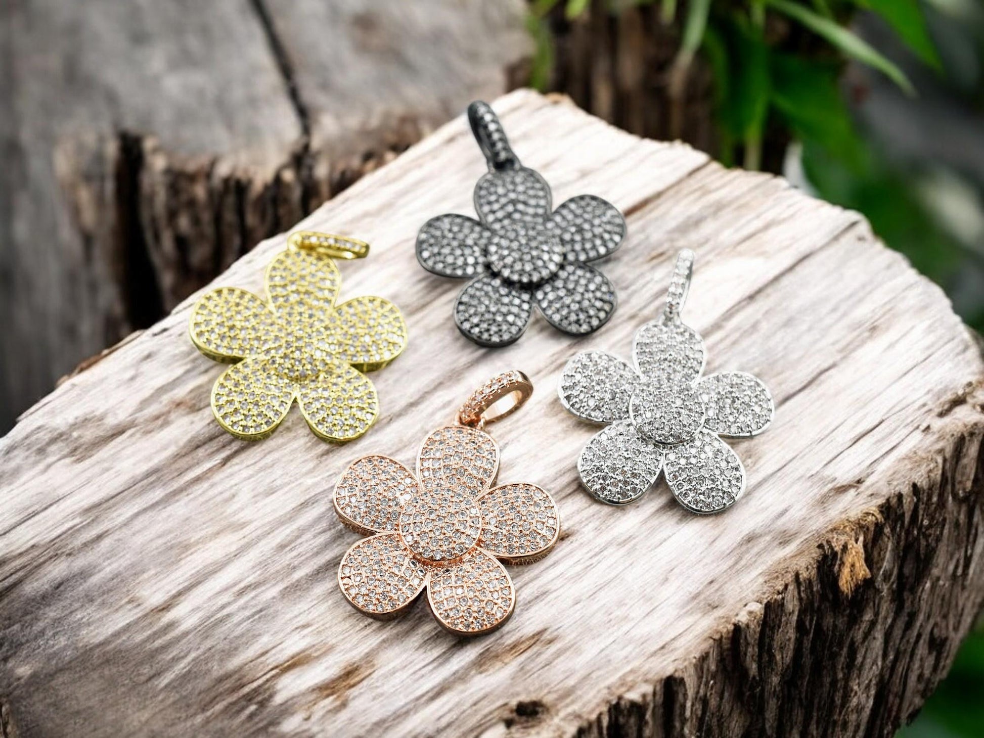 28x25mm Micro Pave Cubic Zirconia 5 Petal Flower Pendant