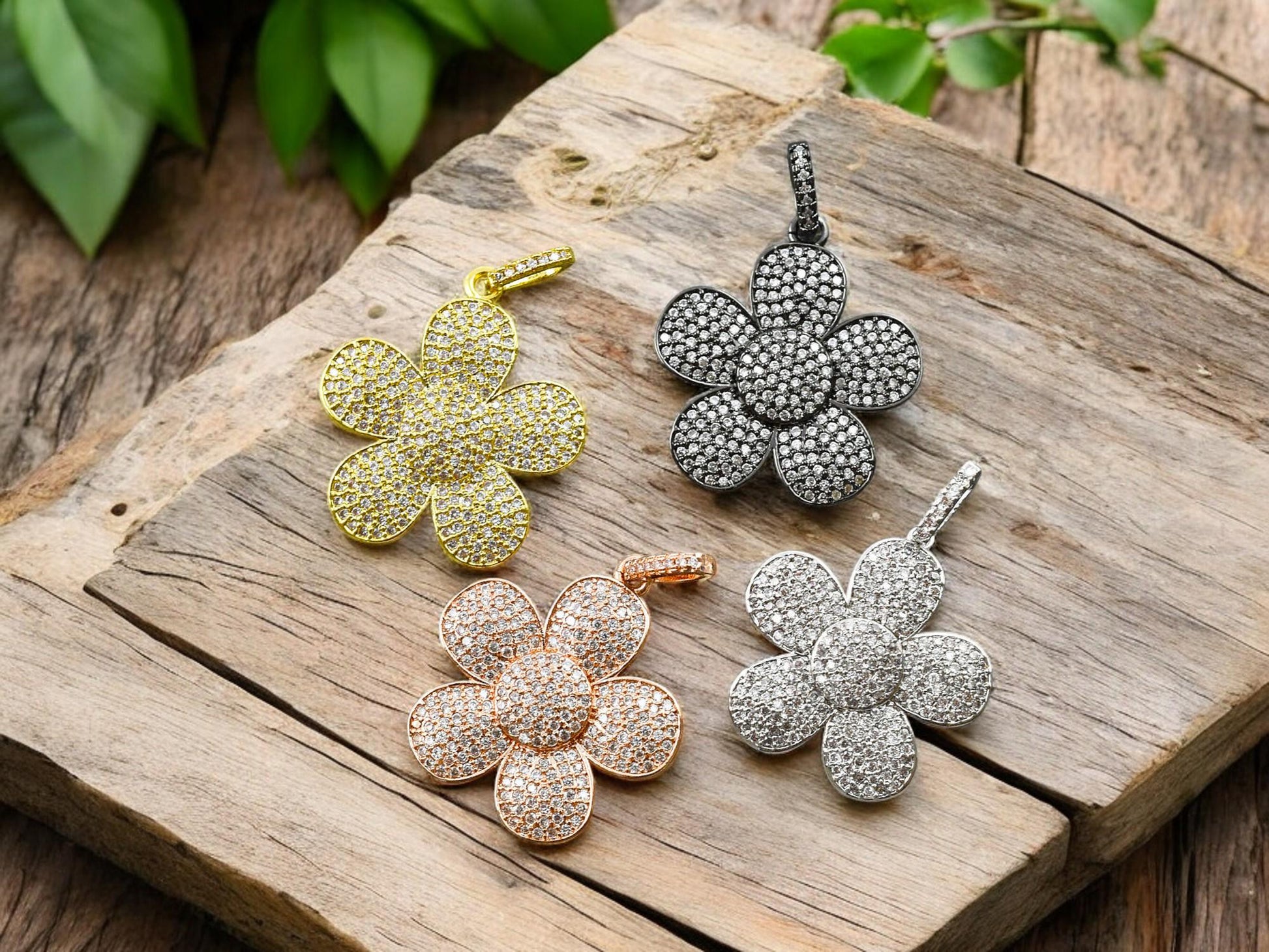 28x25mm Micro Pave Cubic Zirconia 5 Petal Flower Pendant