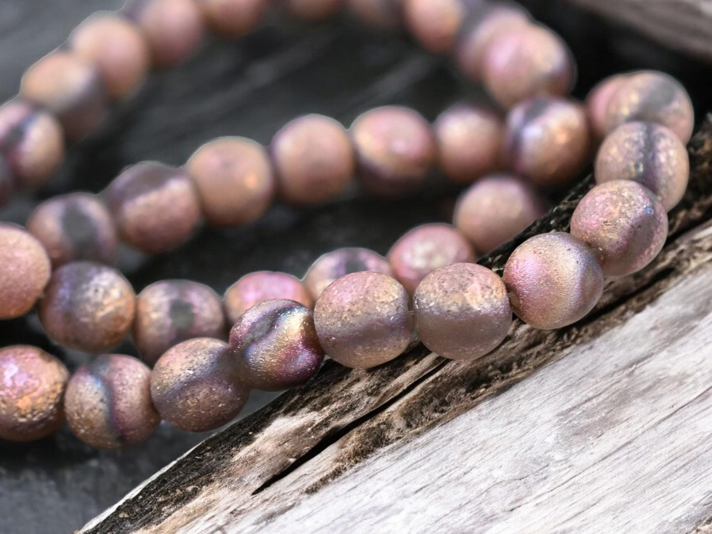 Copper Etched Matte Grey Round Druk Beads