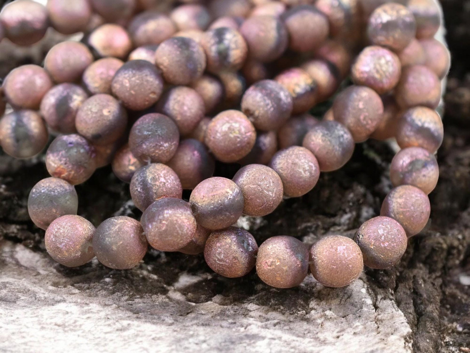 Copper Etched Matte Grey Round Druk Beads