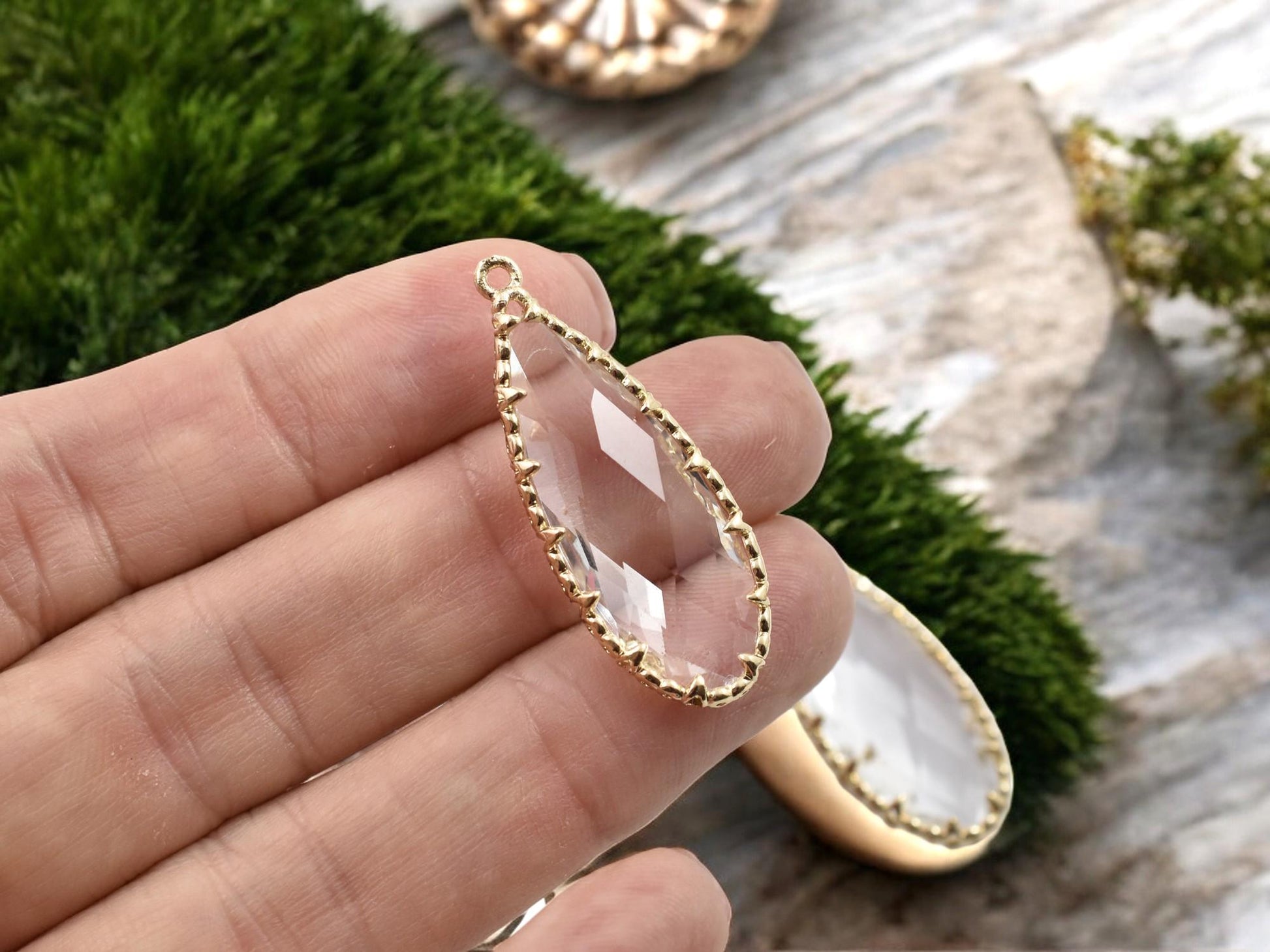 Gold Pendants - Glass Pendants - Bezel Pendant - Teardrop Pendant - Long Lasting Plating - 36x14mm - 2pcs - (A120)