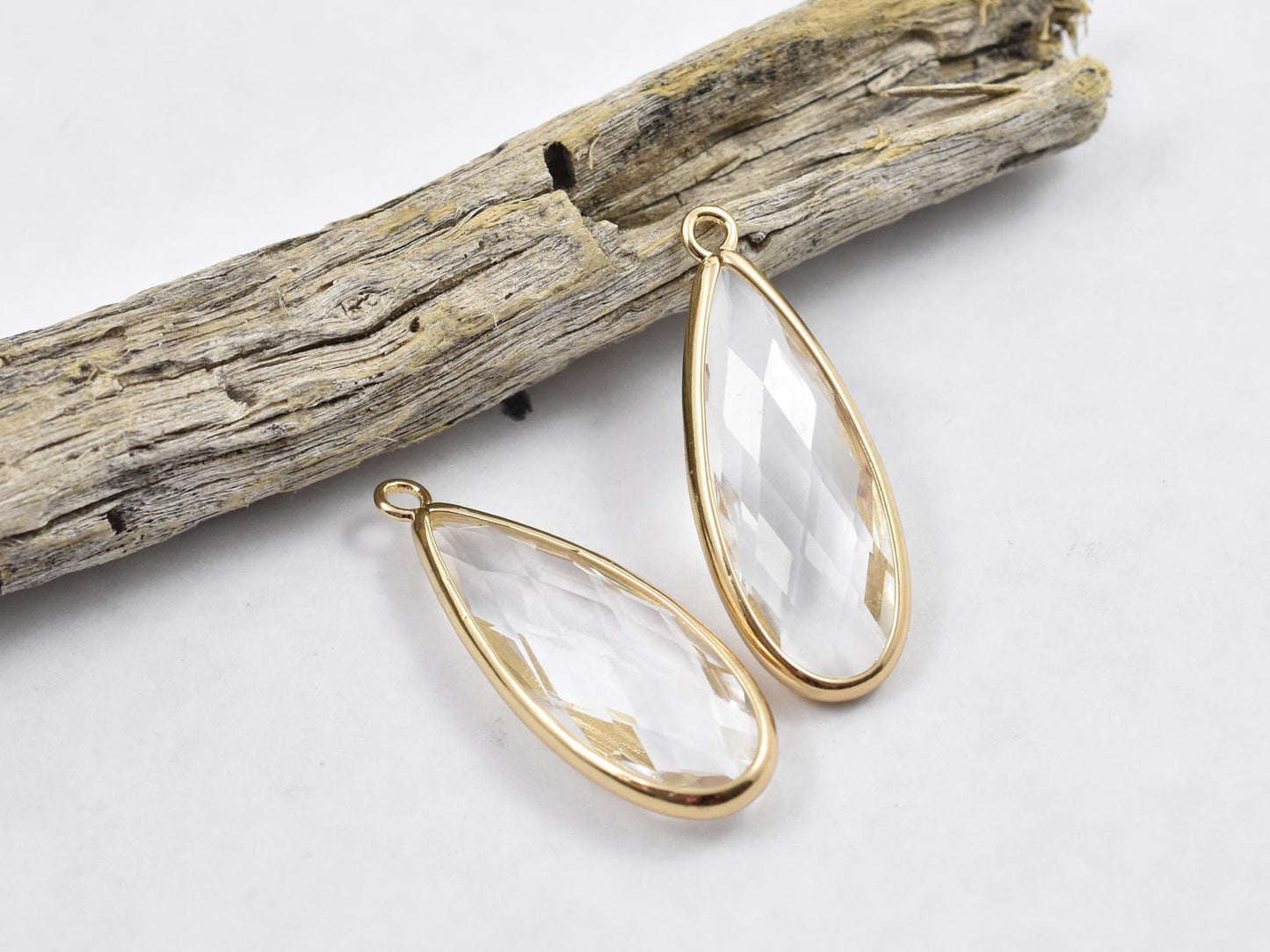 Gold Pendants - Glass Pendants - Bezel Pendant - Teardrop Pendant - Long Lasting Plating - 36x14mm - 2pcs - (2473)