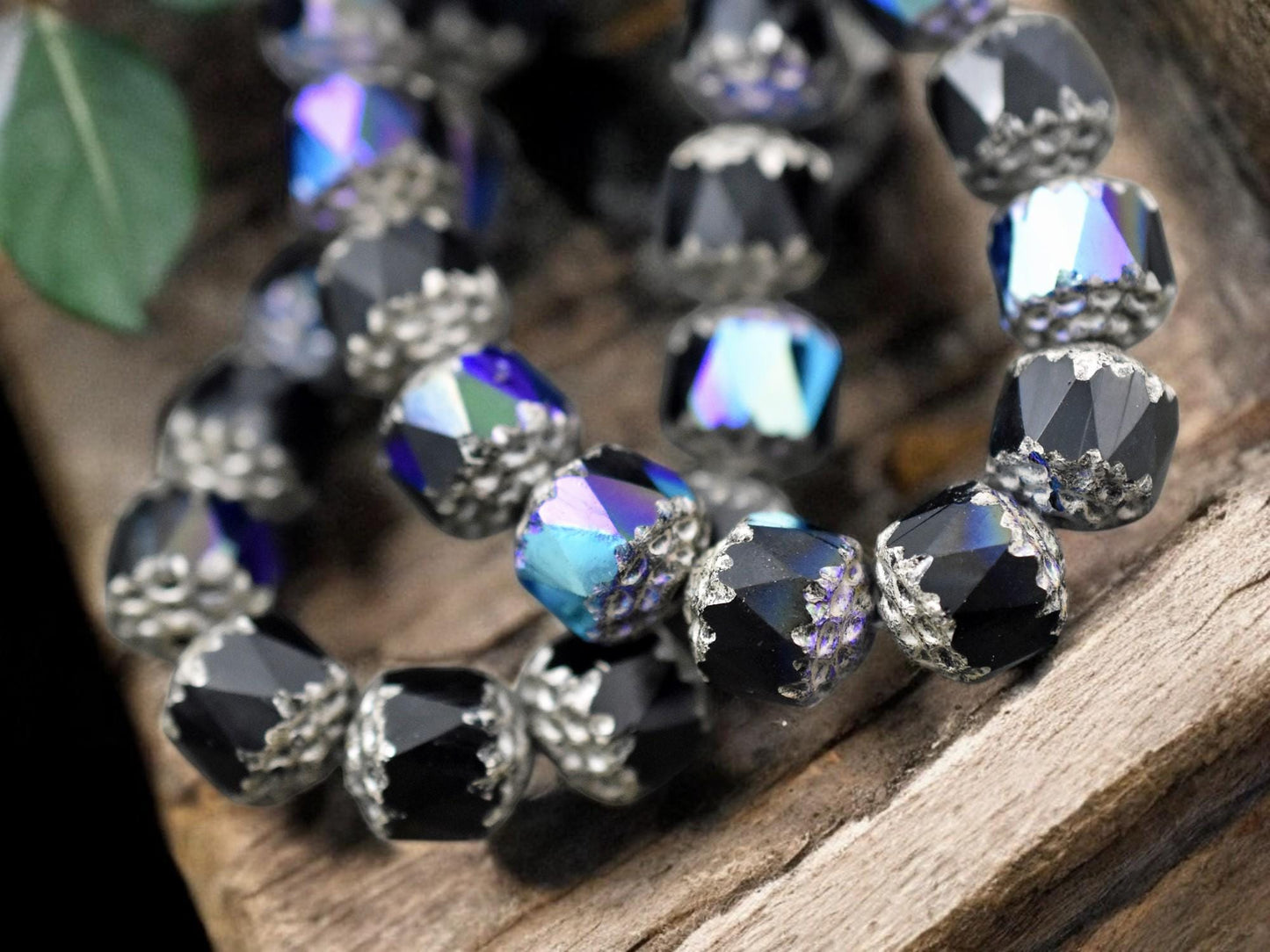 Antique Silver Washed Jet Black AB Fire Polished Cathedral Beads -- Choose Your Size