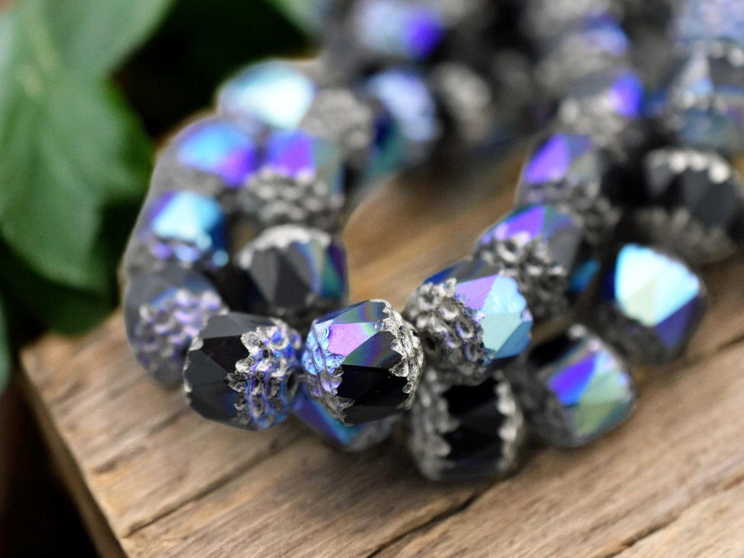 Antique Silver Washed Jet Black AB Fire Polished Cathedral Beads -- Choose Your Size