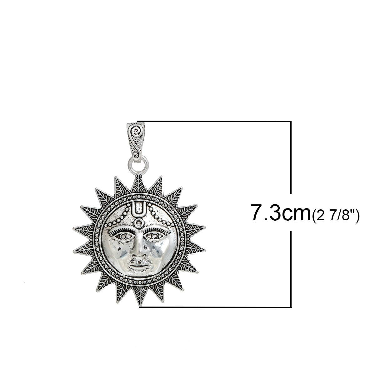 Sun Pendant - Metal Pendant - Silver Pendant - Celestial Pendant - 73x53mm - 2pcs - (B129)