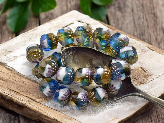 *10* 10mm Gold Washed Blended Pacific Blue, White & Topaz Fire Polished Cathedral Beads