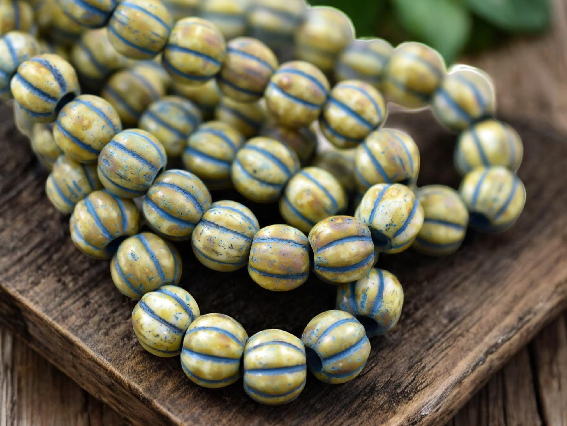 *20* 8mm Turquoise Washed Honey Beige Picasso Large Hole Melon Beads