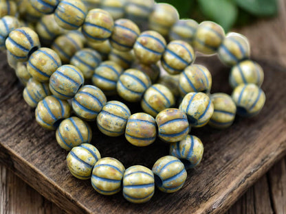 *20* 8mm Turquoise Washed Honey Beige Picasso Large Hole Melon Beads