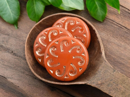 *2* 23mm Copper Washed Orange Opaline Sun Coin Beads