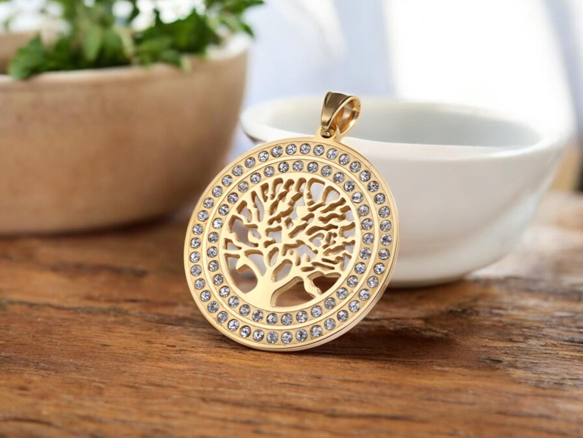 Tree of Life Pendant - Gold Pendants - Rhinestone Pendant - Metal Charms - 1pcs - 40mm - (5743)