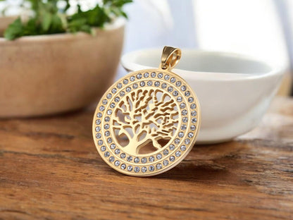 Tree of Life Pendant - Gold Pendants - Rhinestone Pendant - Metal Charms - 1pcs - 40mm - (5743)