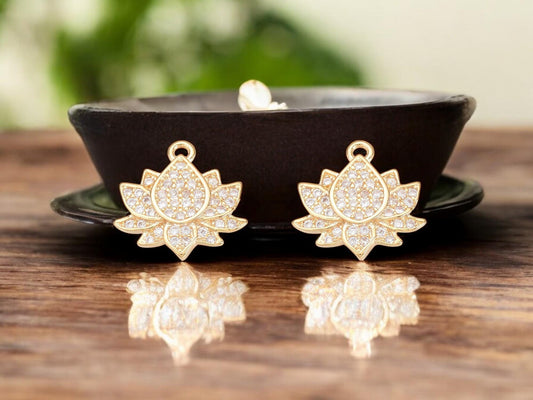 Lotus Flower Charms - Gold Charms - CZ Charms - Metal Charms - Rhinestone Charms - 5pcs - 13mm - (4928)