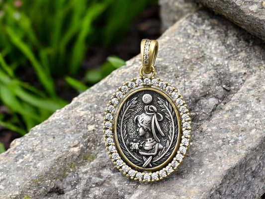 26x20mm Long Lasting Gold Plated Brass Micro Pave Cubic Zirconia Greek Coin Pendant