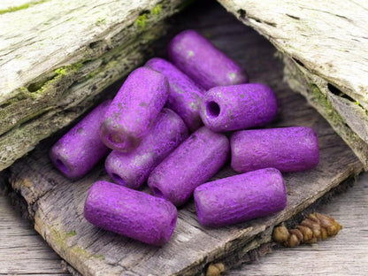 *10* 14x7mm Etched Purple Pansy Large Hole Tube Beads