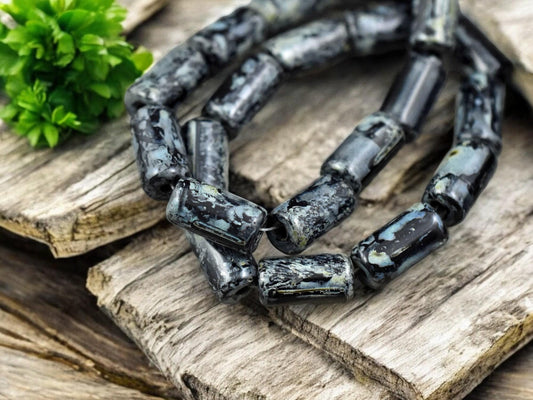 *10* 14x7mm Jet Black Picasso Large Hole Tube Beads