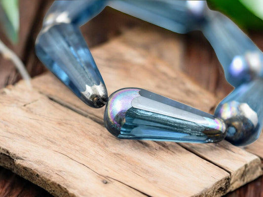 *6* 8x20mm Silver Rainbow Tipped Aquamarine Faceted Drop Beads