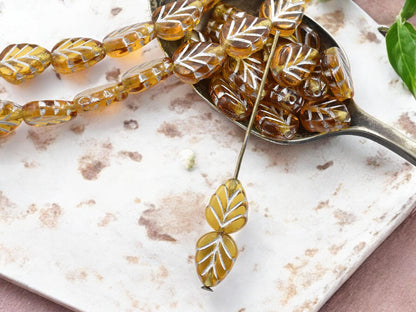 Czech Glass Beads - Leaf Beads - Picasso Beads - Fall Beads - Czech Leaves - 10x8mm - 16pcs - (2421)