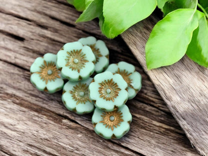 *12* 12mm Bronze Washed Opaque Turquoise Hawaiian Flower Beads