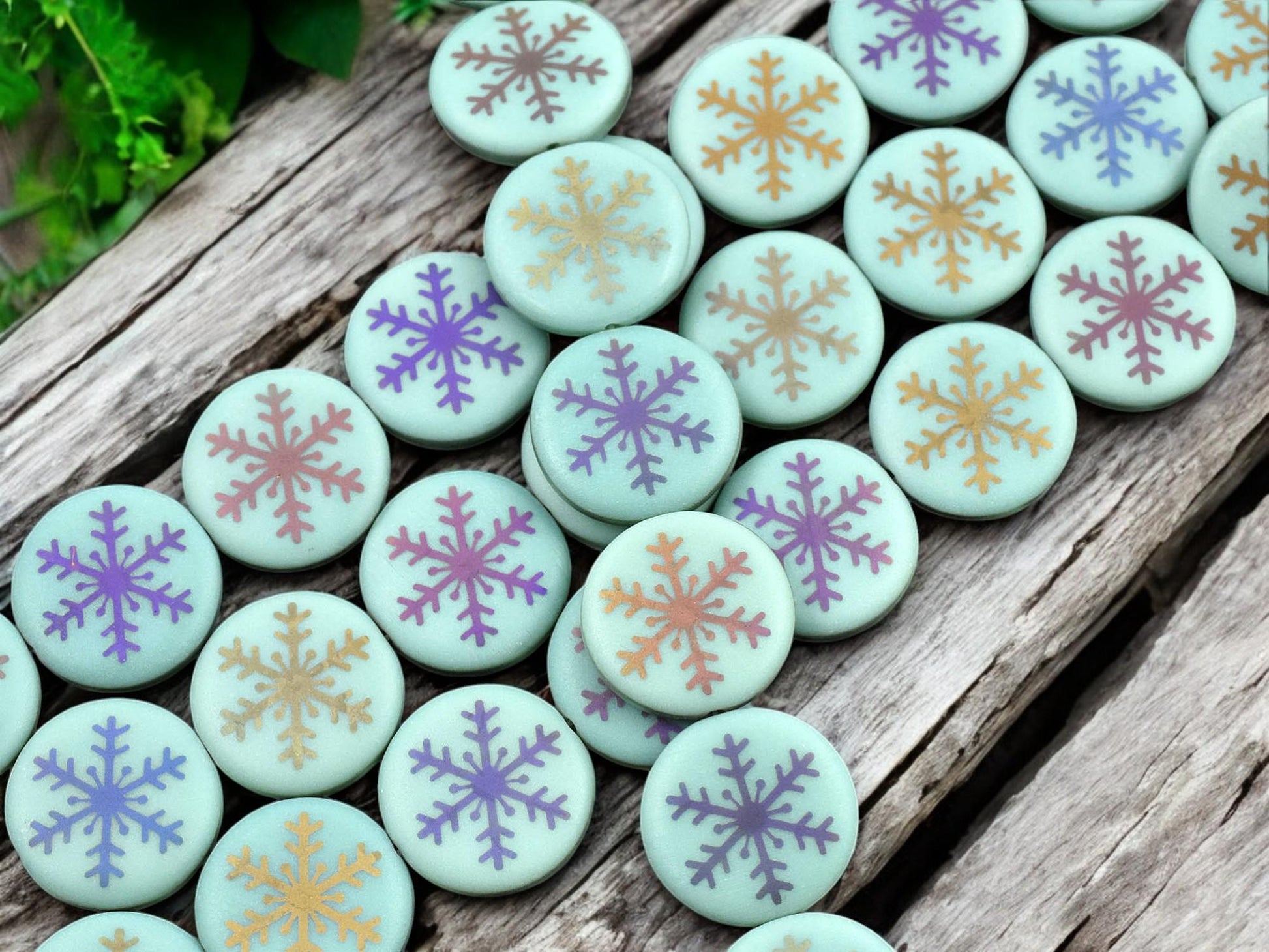 *8* 17mm Opaque Turquoise Satin Sliperit Laser Tattoo Snowflake Coin Beads
