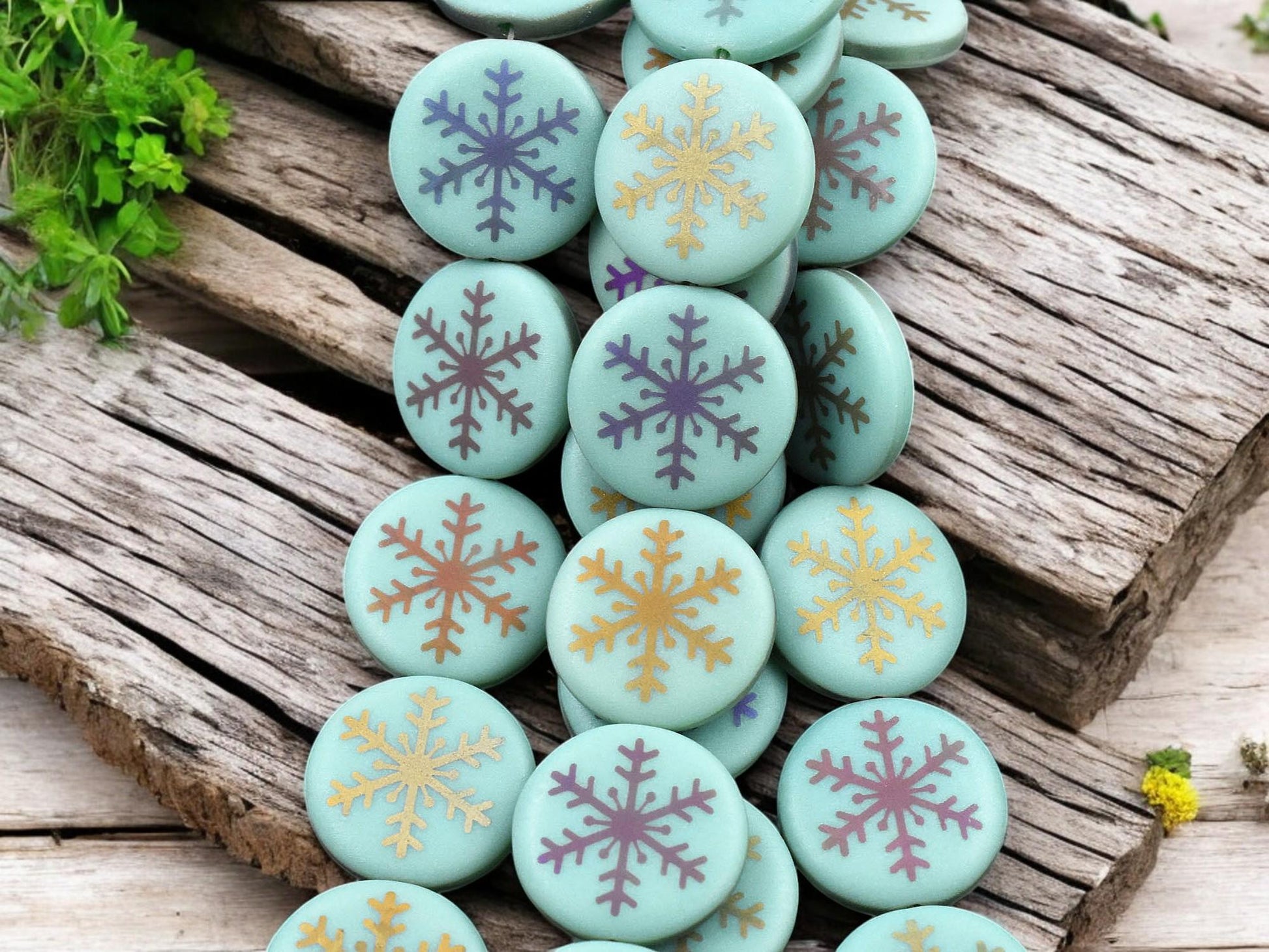 *8* 17mm Opaque Turquoise Satin Sliperit Laser Tattoo Snowflake Coin Beads